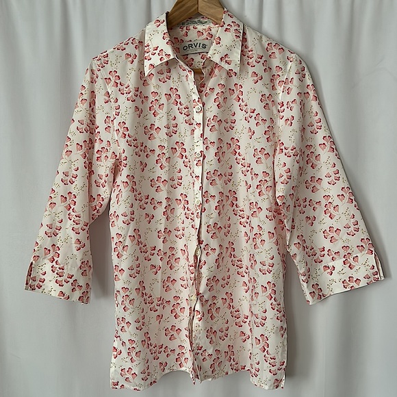 Orvis Tops - Orvis Pretty Pink Floral 3/4 Sleeve Button Cotton Shirt Top **Size 10** 🌸🌸